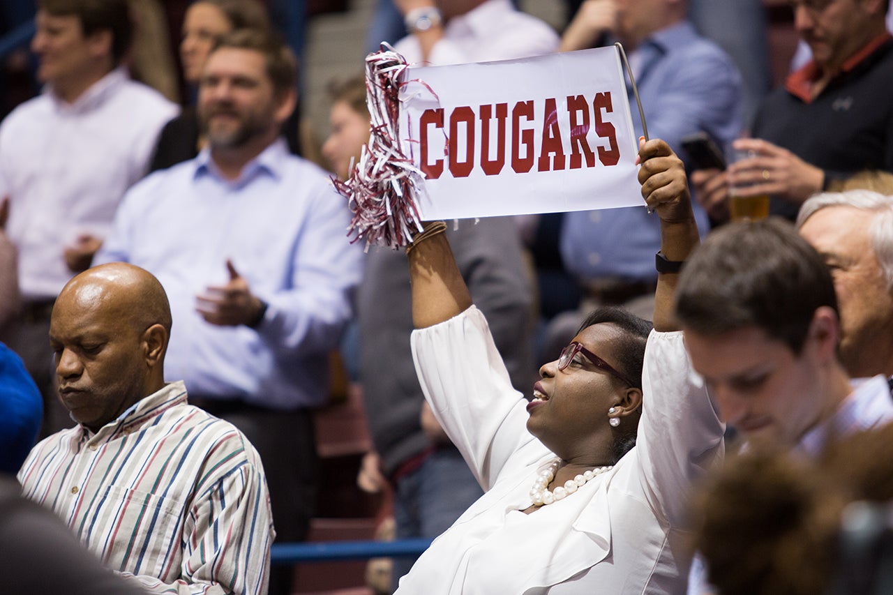 faculty and staff cheer Cougars