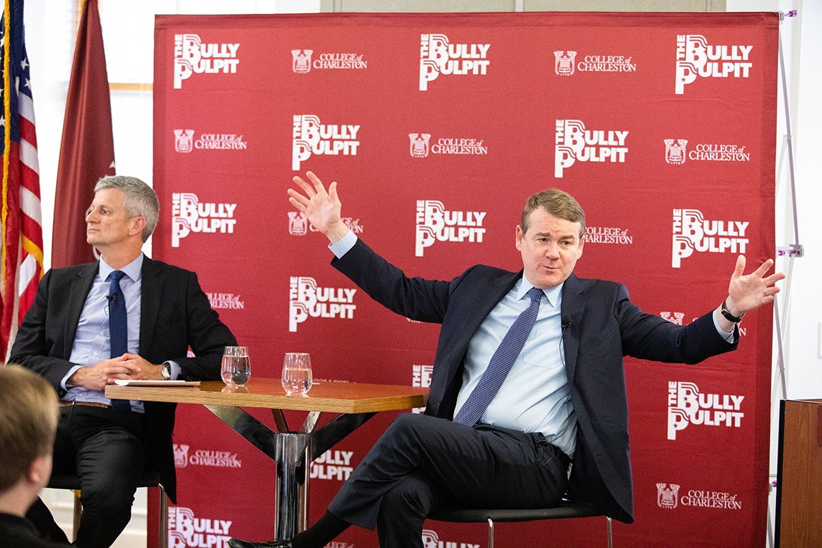 Colorado Democratic Senator Michael Bennet speaks to a crowd at the College of Charleston’s Bully Pulpit speaker series.