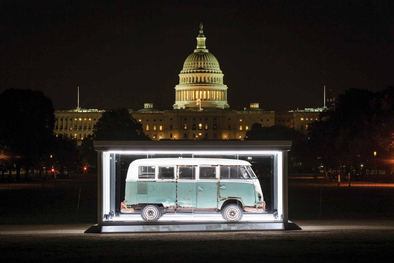 restored VW Bus in front of U.S. Capitol