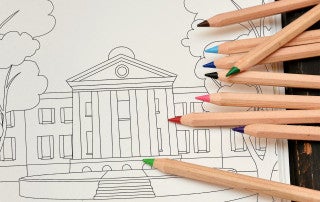 randolph hall coloring page with colored pencils