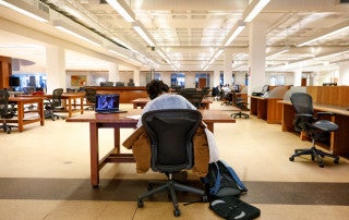 Students study and take their finals in the Addlestone Library while socially distanced during the COVID-19 Paandemic.