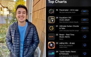 jake zinn, pictured left, next to a music app chart list placing his beepr app at No. 22 in the u.s.