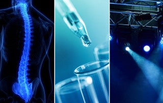 a spinal cord, water and test tube, theater lights