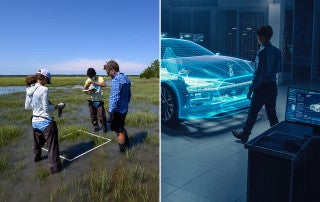 students study the marsh, engineers look at a hologram of a car