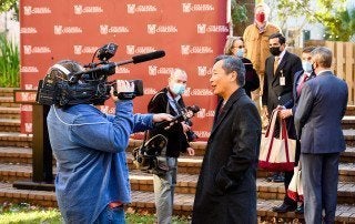 cofc president hsu talks with members of the media at a press conference