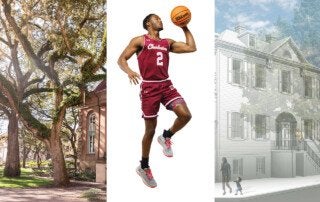 trees, a basketball player and a rendering of a building