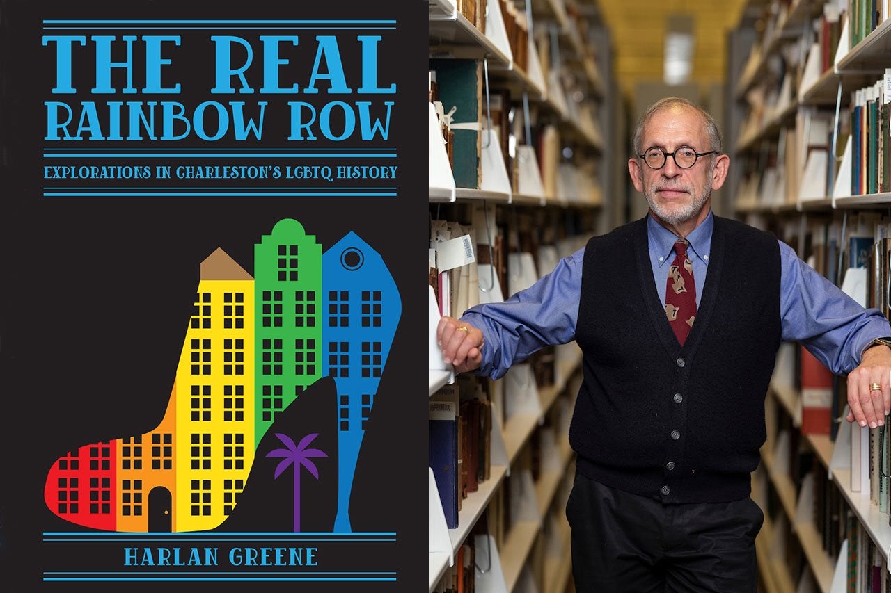 real rainbow row book cover and image of a man standing in a library row of books