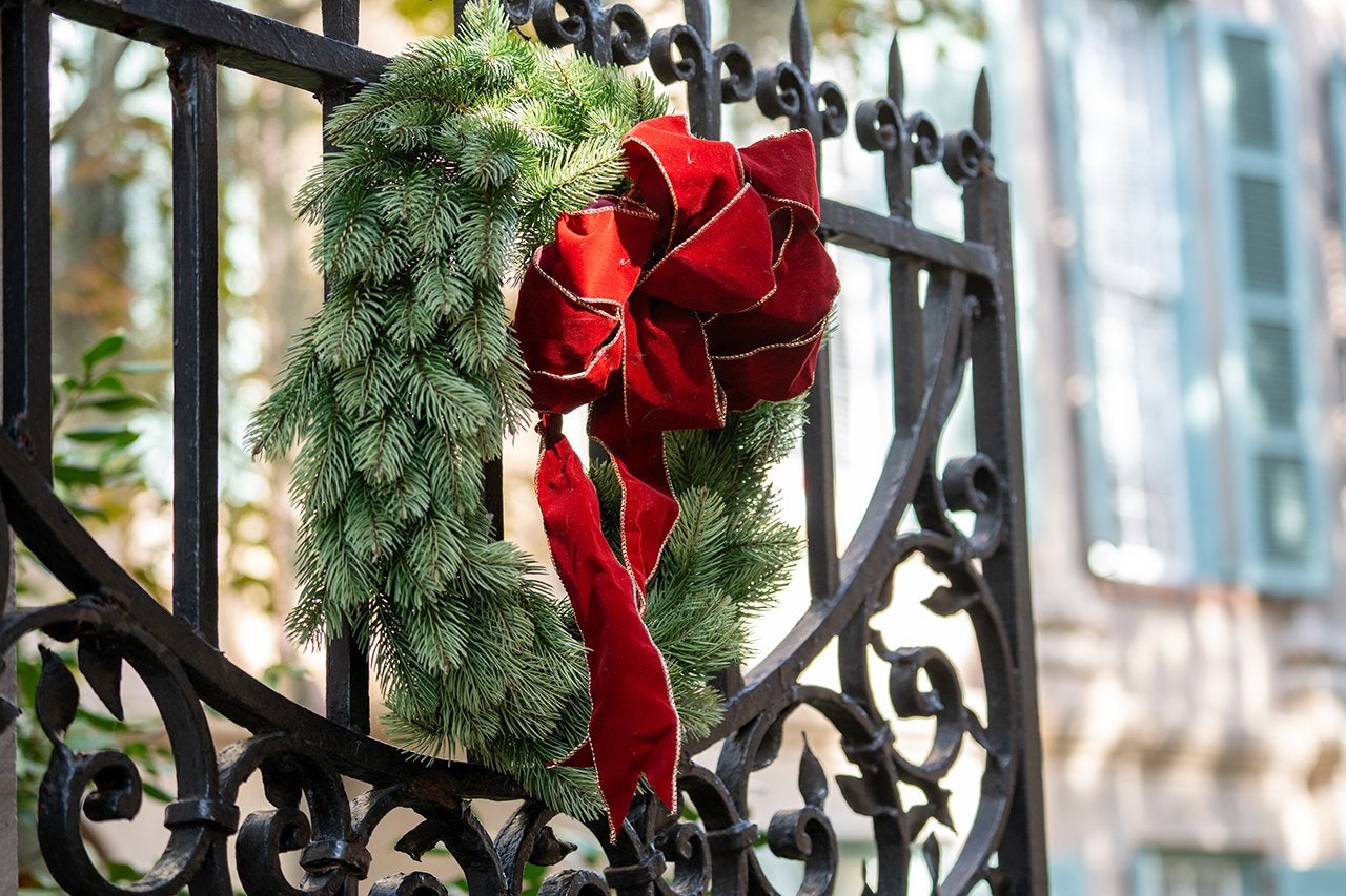 holiday wreath on a gate