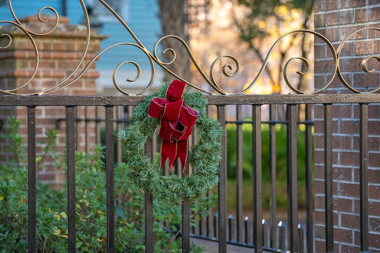 holiday wreath on campus gate